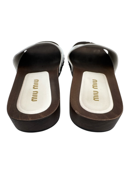 Miu Miu Shoe Size 37 Brown & White Patent Upper Logo Slide Wood Platform Sandals Brown & White / 37