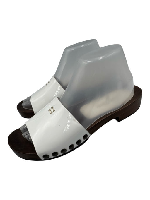 Miu Miu Shoe Size 37 Brown & White Patent Upper Logo Slide Wood Platform Sandals Brown & White / 37