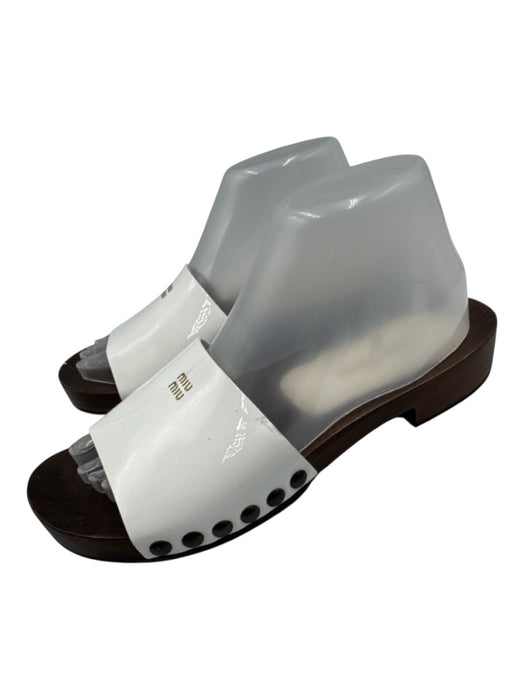 Miu Miu Shoe Size 37 Brown & White Patent Upper Logo Slide Wood Platform Sandals Brown & White / 37