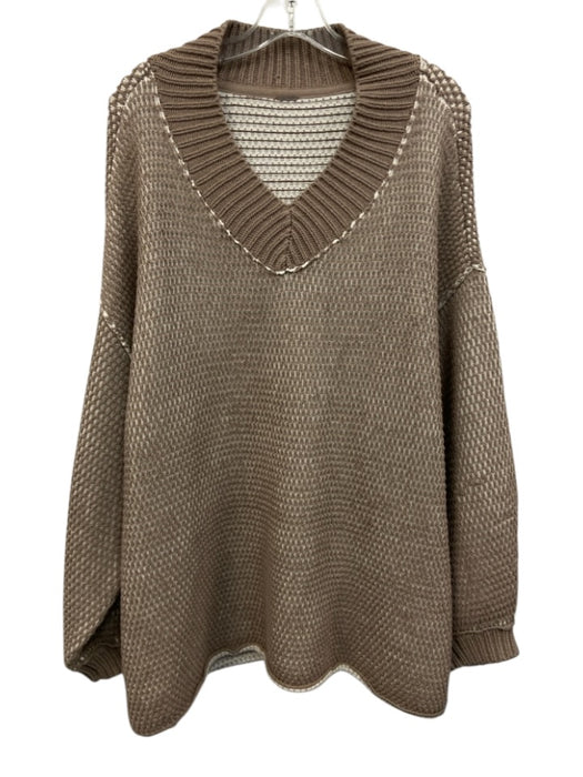 Free People Size L Muted Brown & White Cotton & Acrylic V Neck Two Tone Sweater Muted Brown & White / L