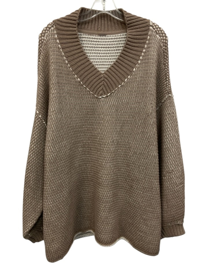 Free People Size L Muted Brown & White Cotton & Acrylic V Neck Two Tone ...