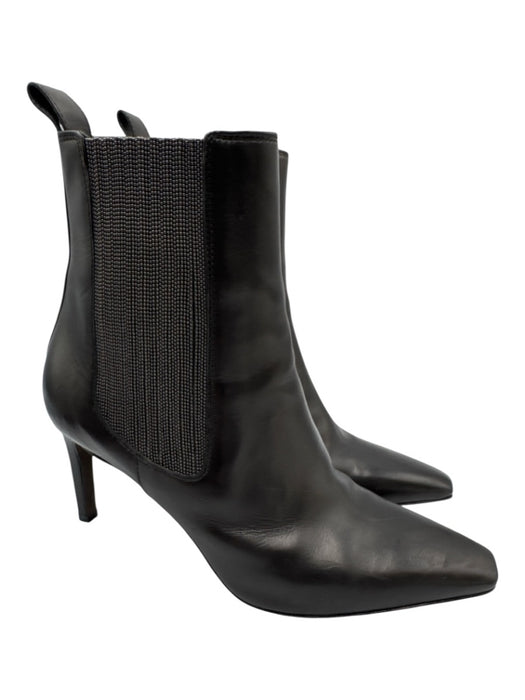Brunello Cucinelli Shoe Size 38 Black & Silver Leather Stretch Panel Booties Black & Silver / 38