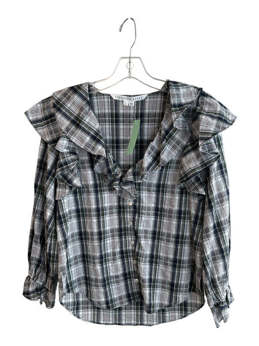 Veronica Beard Size 6 Multi Cotton & Viscose Plaid Ruffle V Neck Button Down Top Multi / 6