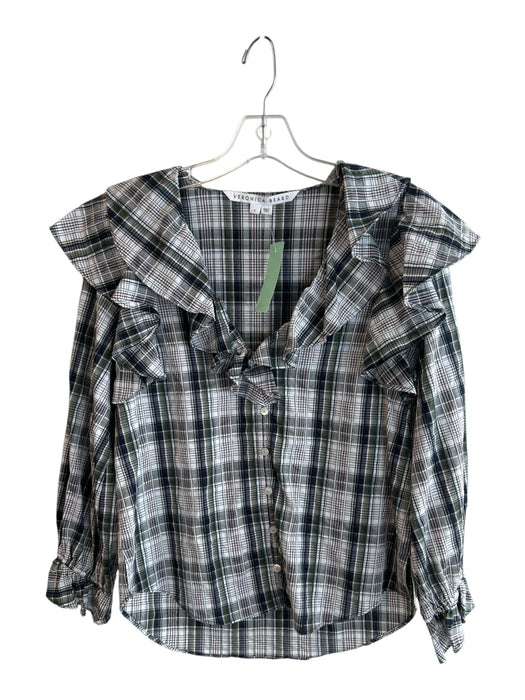 Veronica Beard Size 6 Multi Cotton & Viscose Plaid Ruffle V Neck Button Down Top Multi / 6