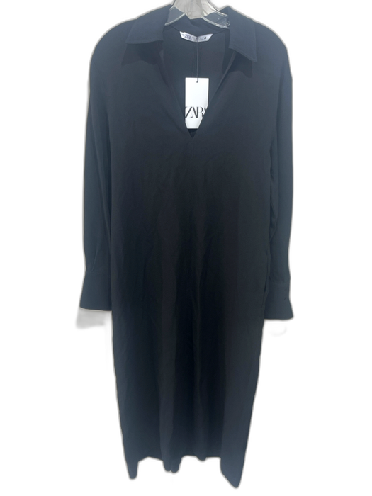 Zara Size L Black Acetate Blend Collared Maxi Dress Black / L