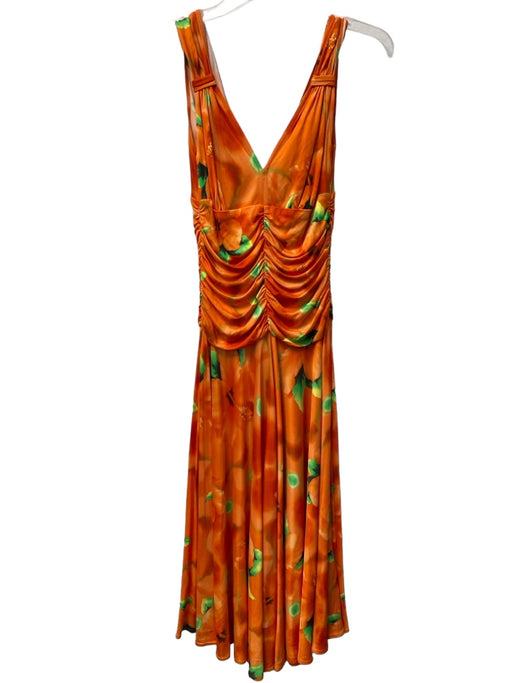 Escada Size 38 Orange & Green Rayon V Neck Ruched Bodice Flower Print Dress Orange & Green / 38