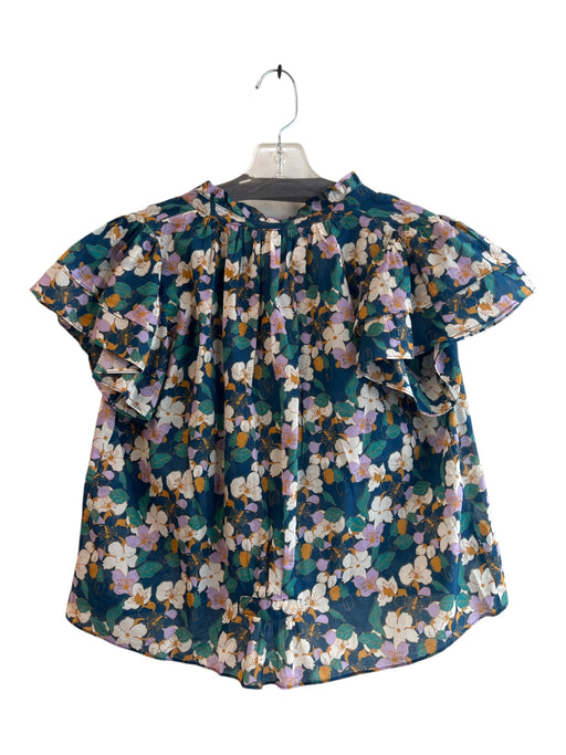 Trovata Birds of Paradis Size XS Blue & Multi Cotton V Neck Floral Print Top Blue & Multi / XS