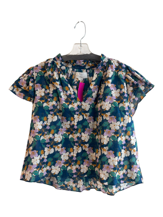Trovata Birds of Paradis Size XS Blue & Multi Cotton V Neck Floral Print Top Blue & Multi / XS