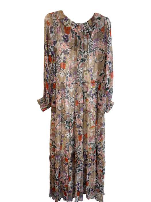By Anthropologie Size M Beige & Multi Cupro Tie V Neck Sheer Overlay Owl Dress Beige & Multi / M