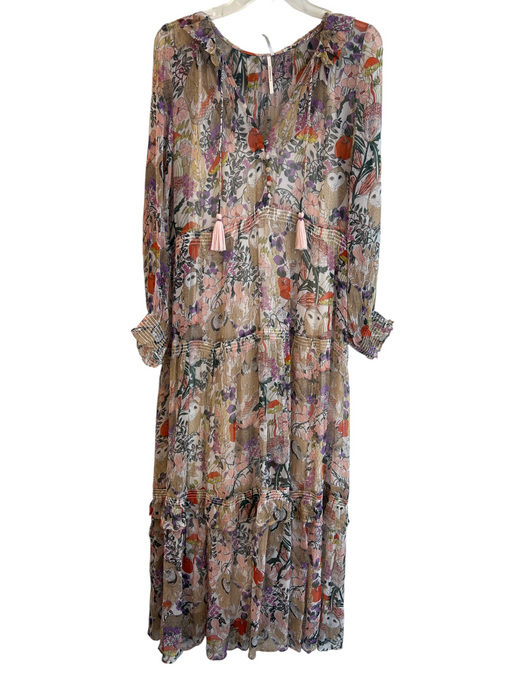 By Anthropologie Size M Beige & Multi Cupro Tie V Neck Sheer Overlay Owl Dress Beige & Multi / M