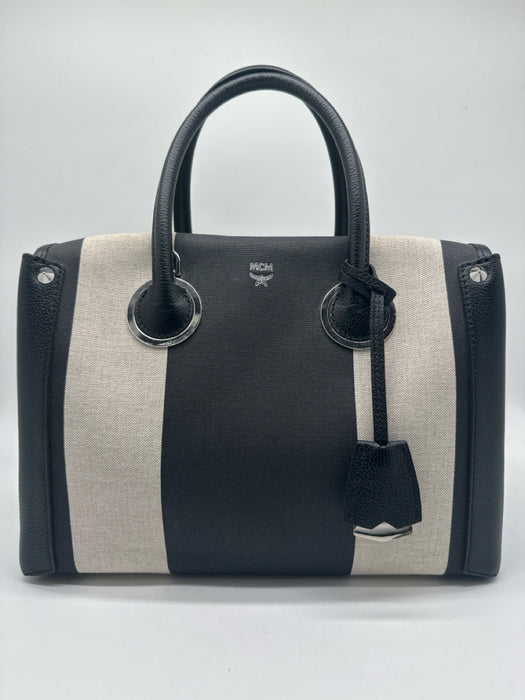 MCM Black & White Leather & Canvas Handbag Striped silver hardware Bag