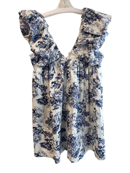 OPT Size M Blue & White 100% Cotton Bow Floral V Neck Back Zip Dress Blue & White / M