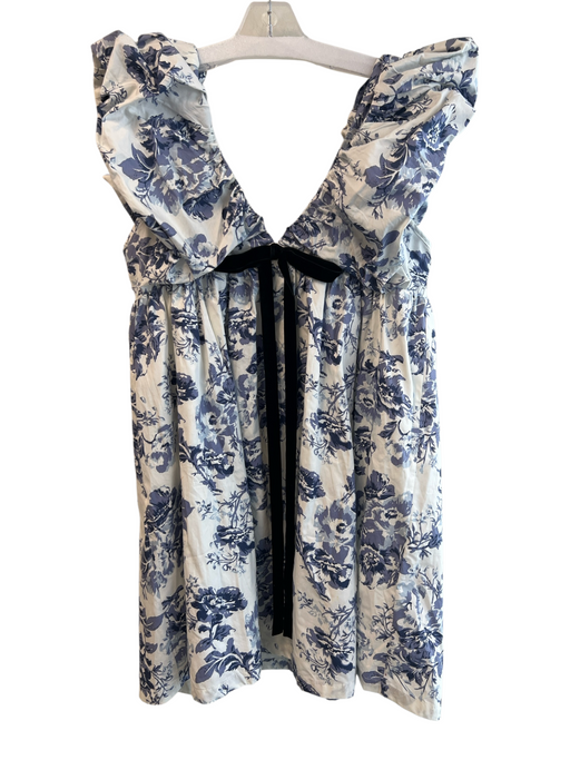 OPT Size M Blue & White 100% Cotton Bow Floral V Neck Back Zip Dress Blue & White / M