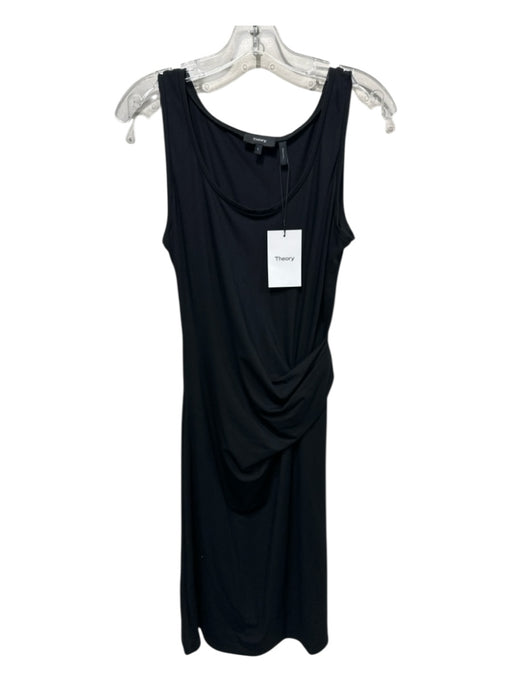 Theory Size L Black Cotton Blend Round Neck Gathered Waist Above Knee Dress Black / L
