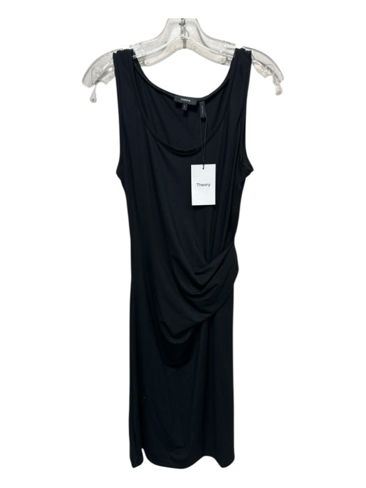 Theory Size L Black Cotton Blend Round Neck Gathered Waist Above Knee Dress Black / L