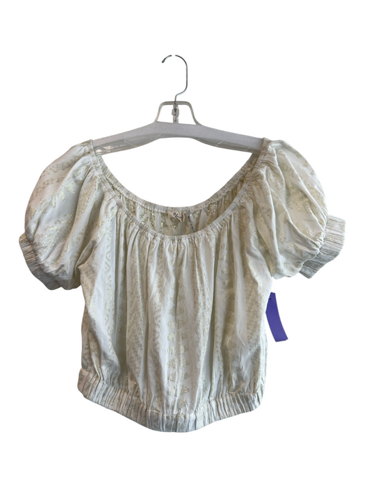 Elan Size Medium White & Gold Cotton Blend Short Puff Sleeve Scoop Neck Top White & Gold / Medium