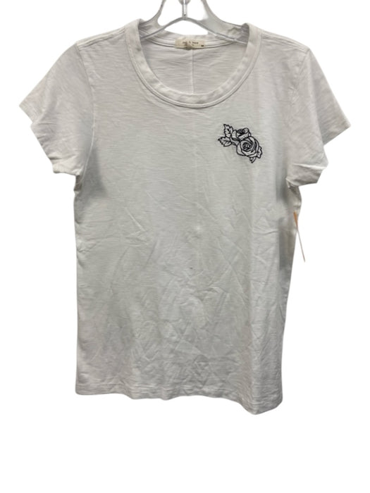 Rag & Bone Size S White & Black Pima Cotton Embroidered Flowers Rose T Shirt Top White & Black / S