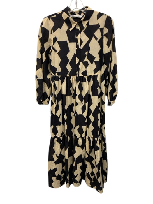 Zara Size XS Beige & Black Cotton Long Sleeve 1/4 Button All Over Print Dress Beige & Black / XS