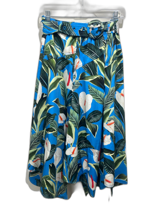 Farm Rio Size S Blue, Green & Multi Cotton Leaf Print Stitch Detail Belted Skirt Blue, Green & Multi / S