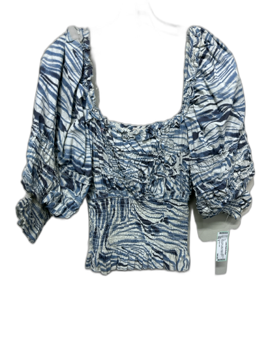 Love The Label Size S Blue & White Cotton Abstract Stripes Puff Sleeve Top Blue & White / S