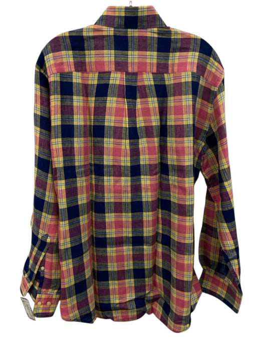 Peter Millar Size L Pink & Multi Linen Plaid Button Down Men's Long Sleeve Shirt Pink & Multi / L