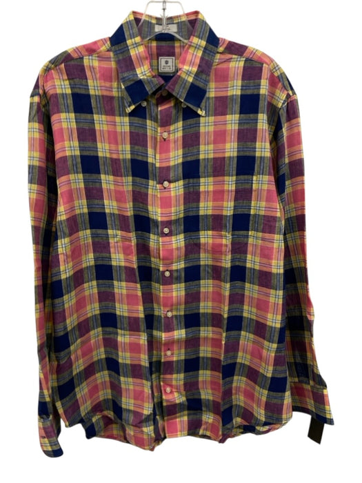 Peter Millar Size L Pink & Multi Linen Plaid Button Down Men's Long Sleeve Shirt Pink & Multi / L