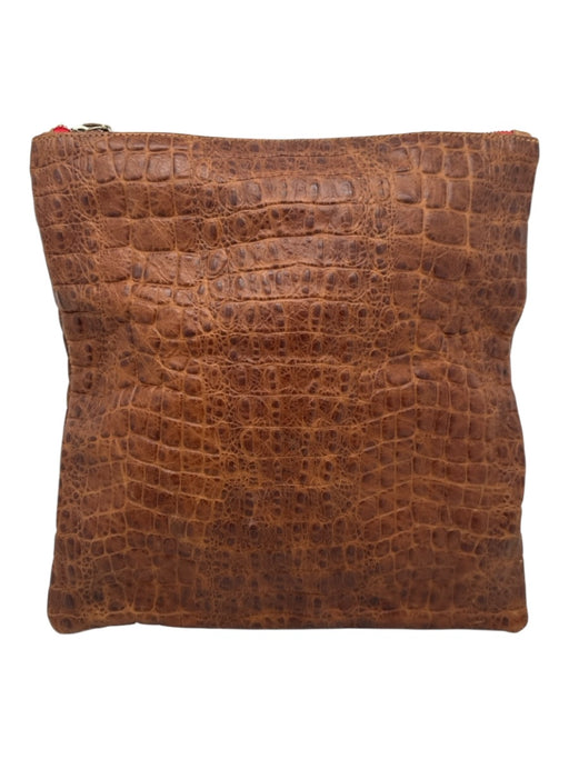 Clare V Brown Leather Zip Top Fold Over Croc Embossed Clutch Bag Brown