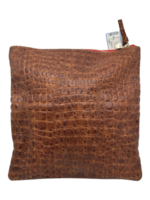 Clare V Brown Leather Zip Top Fold Over Croc Embossed Clutch Bag Brown