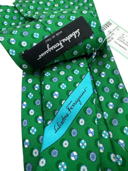 Ferragamo AS IS Green & Multi Silk All Over Print Men's Tie Green & Multi