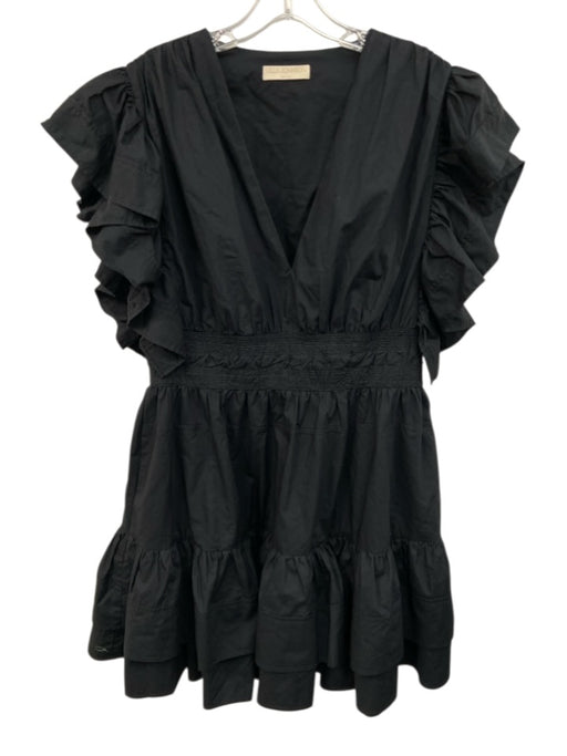 Ulla Johnson Size 10 Black Cotton Sleeveless Ruffle Sides V Neck Side Zip Dress Black / 10