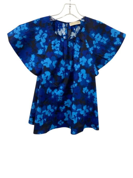 Ulla Johnson Size 8 Blue & Black Cotton Abstract Floral Short Flutter Sleeve Top Blue & Black / 8