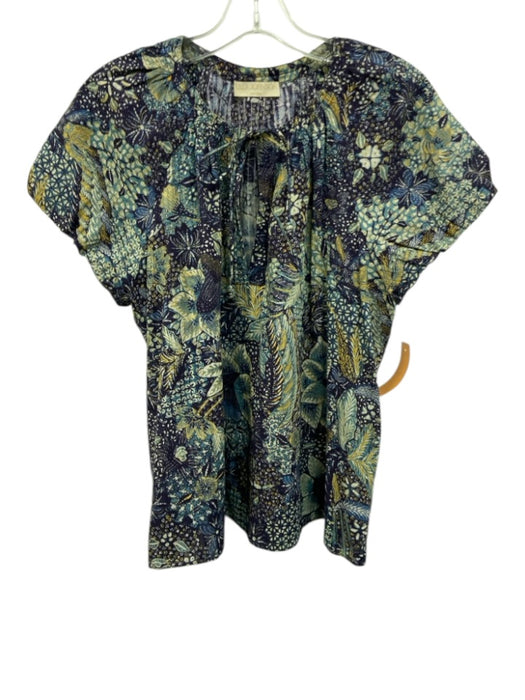 Ulla Johnson Size 6 Blue, Yellow, White Cotton & Viscose Short Puff Sleeve Top Blue, Yellow, White / 6