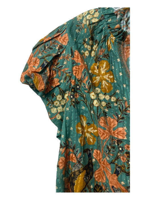 Ulla Johnson Size 6 Teal & Multi Cotton Blend Short Sleeve Leaf Print V Neck Top Teal & Multi / 6