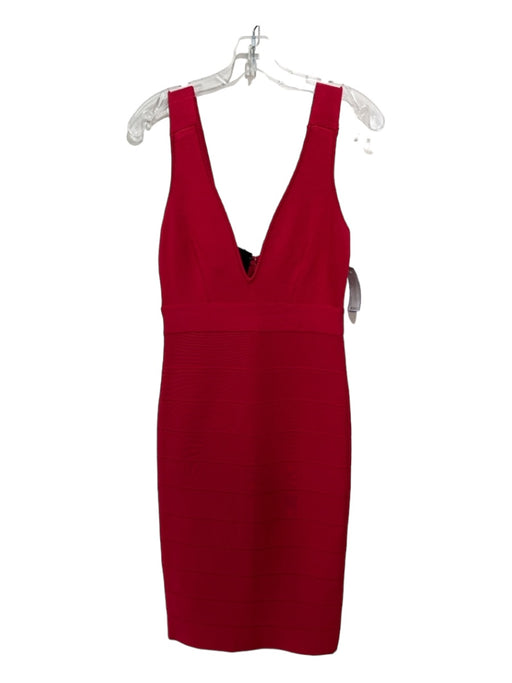 Herve Leger Size Small Red Rayon Blend Sleeveless Deep V Midi Bodycon Dress Red / Small