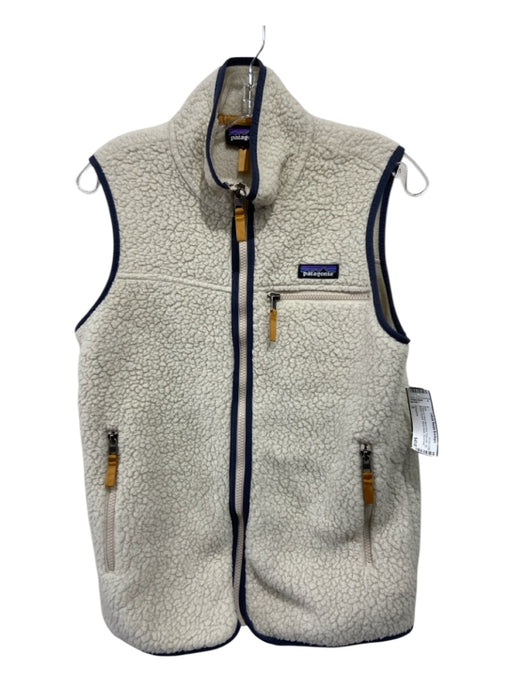 Patagonia Size S Cream & Navy Blue Print Polyester Zip Breast Pocket Vest Cream & Navy Blue Print / S