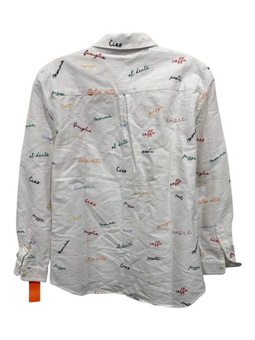 Sezane Size 38 White & Multi Cotton Button Front Script Long Cuff Sleeve Top White & Multi / 38