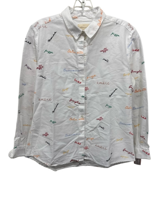 Sezane Size 38 White & Multi Cotton Button Front Script Long Cuff Sleeve Top White & Multi / 38
