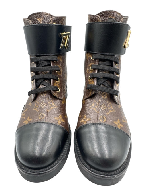 Louis Vuitton Shoe Size 37.5 Brown, Black & Gold Coated Canvas Monogram Booties Brown, Black & Gold / 37.5