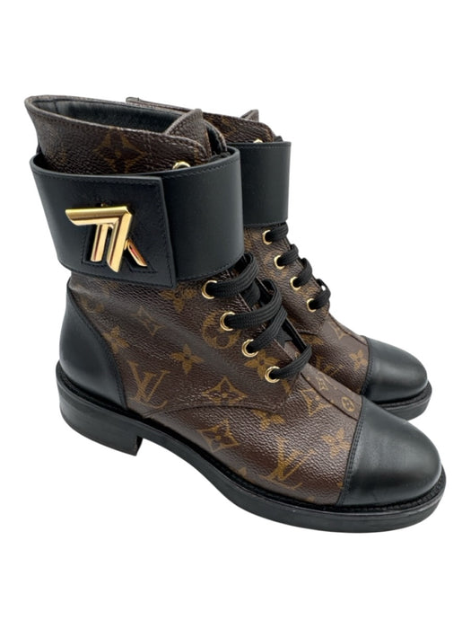 Louis Vuitton Shoe Size 37.5 Brown, Black & Gold Coated Canvas Monogram Booties Brown, Black & Gold / 37.5