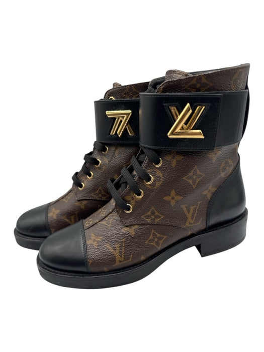 Louis Vuitton Shoe Size 37.5 Brown, Black & Gold Coated Canvas Monogram Booties Brown, Black & Gold / 37.5