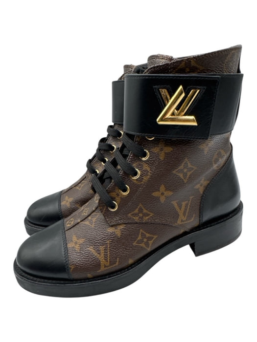Louis Vuitton Shoe Size 37.5 Brown, Black & Gold Coated Canvas Monogram Booties Brown, Black & Gold / 37.5