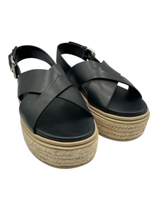 Prada Shoe Size 37 Black & Beige Leather Espadrille Criss Cross Sandals Black & Beige / 37