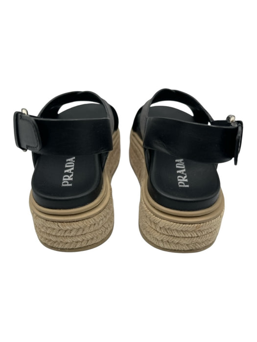 Prada Shoe Size 37 Black & Beige Leather Espadrille Criss Cross Sandals Black & Beige / 37