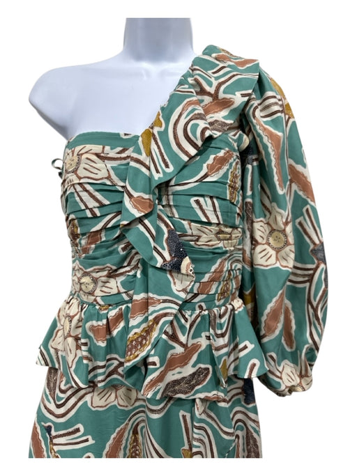 Ulla Johnson Size 4 Teal & Multi Silk One Sleeve Floral Ruffled Tiered Dress Teal & Multi / 4