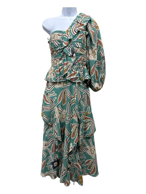 Ulla Johnson Size 4 Teal & Multi Silk One Sleeve Floral Ruffled Tiered Dress Teal & Multi / 4