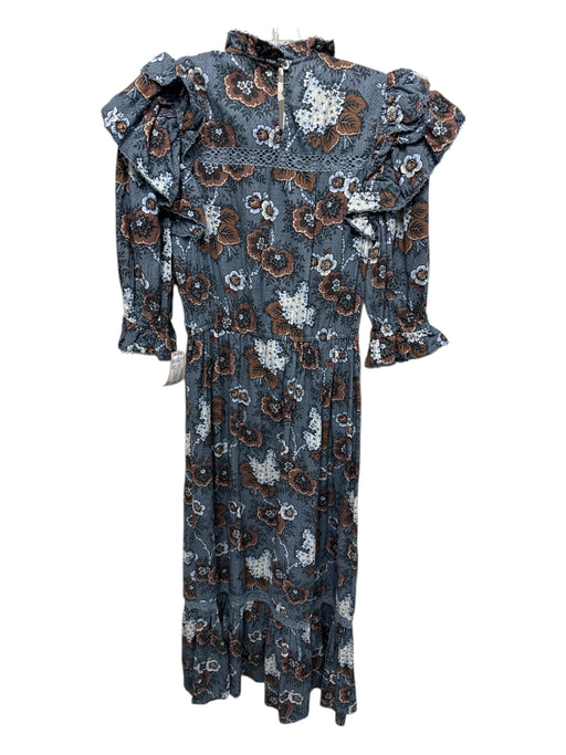 Sea New York Size XS Blue & Brown Cotton floral print Ruffled Puff Sleeve Dress Blue & Brown / XS