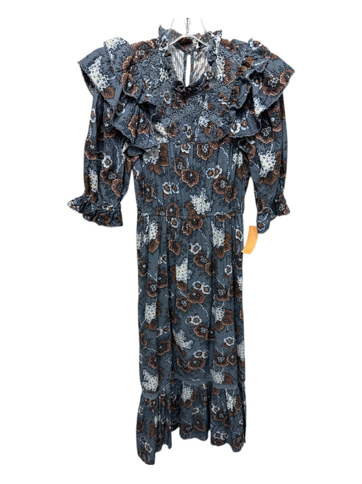 Sea New York Size XS Blue & Brown Cotton floral print Ruffled Puff Sleeve Dress Blue & Brown / XS