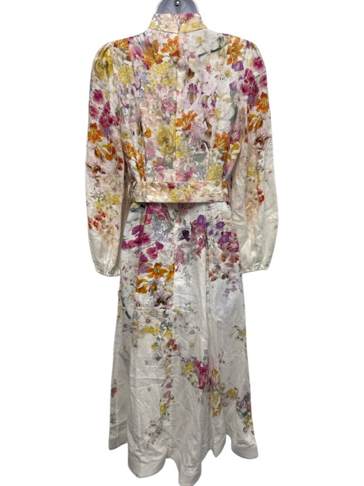 Zimmermann Size 1 Pink, Orange & White Linen Long Balloon Sleeve Floral Dress Pink, Orange & White / 1