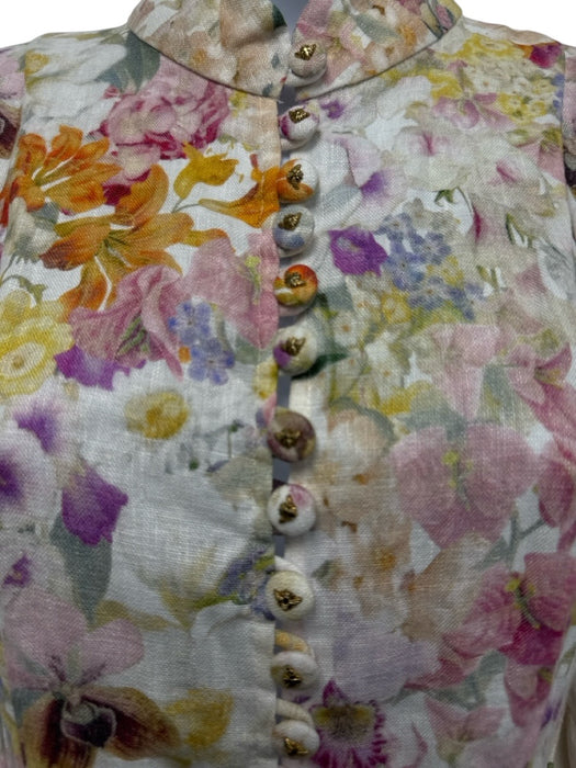 Zimmermann Size 1 Pink, Orange & White Linen Long Balloon Sleeve Floral Dress Pink, Orange & White / 1