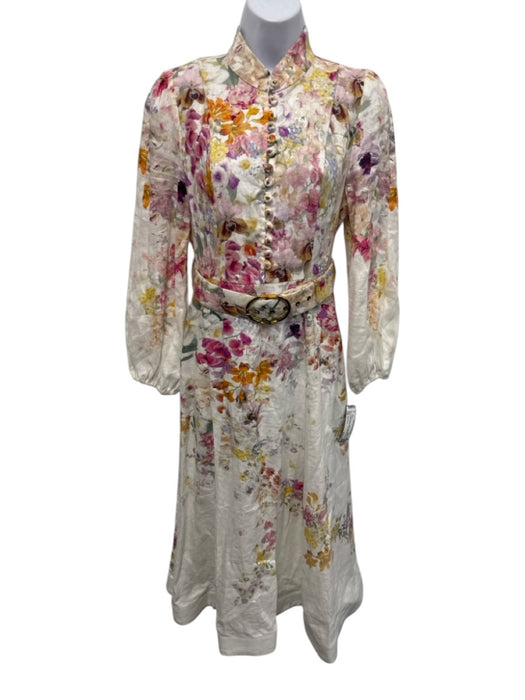 Zimmermann Size 1 Pink, Orange & White Linen Long Balloon Sleeve Floral Dress Pink, Orange & White / 1